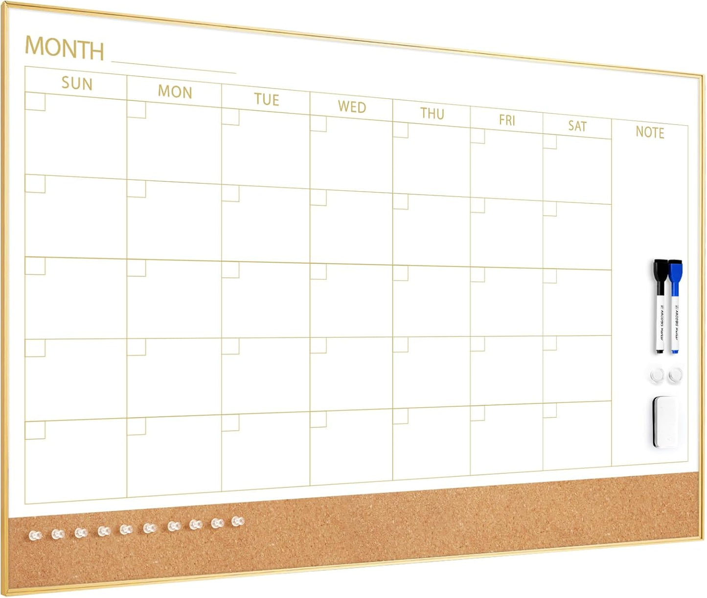 ARCOBIS Dry Erase Calendar with Cork Board for Wall, 24"x 18" Magnetic Calendar Whiteboard with Black Frame, Monthly Combination Board for School, Home, Office