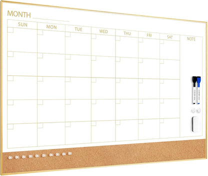 ARCOBIS Dry Erase Calendar with Cork Board for Wall, 24"x 18" Magnetic Calendar Whiteboard with Black Frame, Monthly Combination Board for School, Home, Office