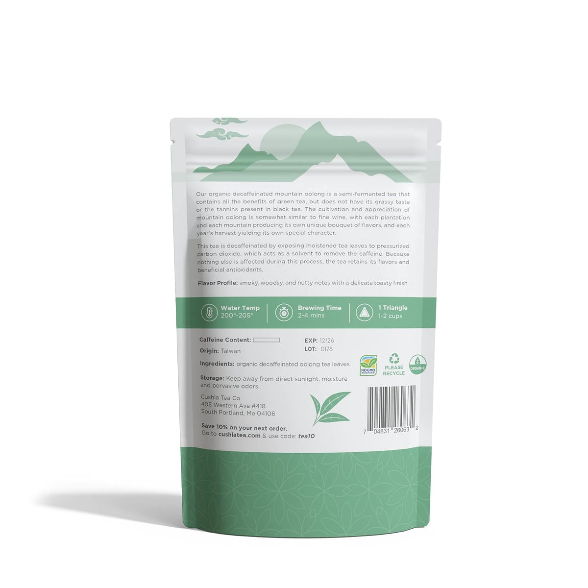Decaf Oolong Tea Bags, Decaffeinated Hot or Cold Brew, Smoky, Woodsy, Nutty Notes Delicate Toasty Finish - 20 Decaf Oolong Tea Bags