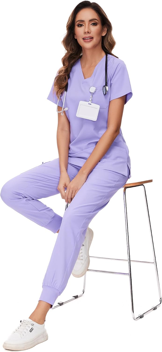 COZYFIT Scrubs for Women Set - Stretch V-Neck Scrub Top & Jogger Pant with 8 Pockets COZY SCRUBS - Colors D