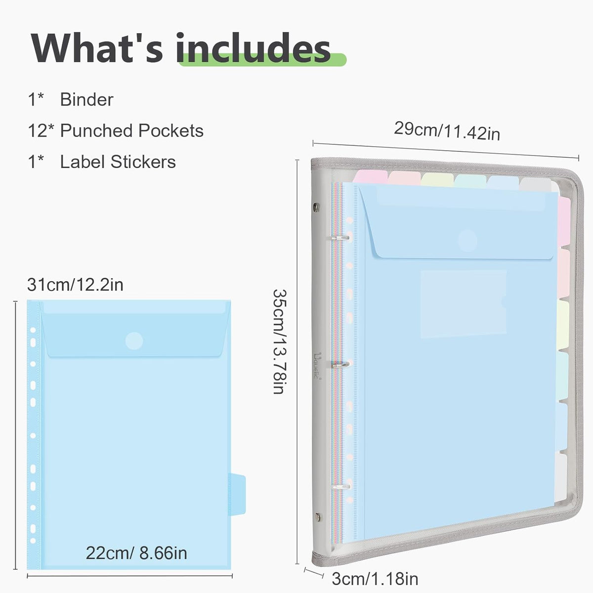 Uquelic Document Organizer, Soft PVC 3 Ring Binder with 12 Pockets