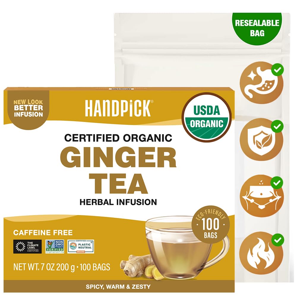 HANDPICK Organic Ginger Tea (100 Tea Bags) 100% Pure Ginger Root, Non GMO