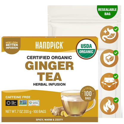 HANDPICK Organic Ginger Tea (100 Tea Bags) 100% Pure Ginger Root, Non GMO
