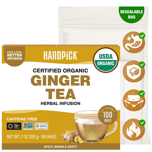 HANDPICK Organic Ginger Tea (100 Tea Bags) 100% Pure Ginger Root, Non GMO