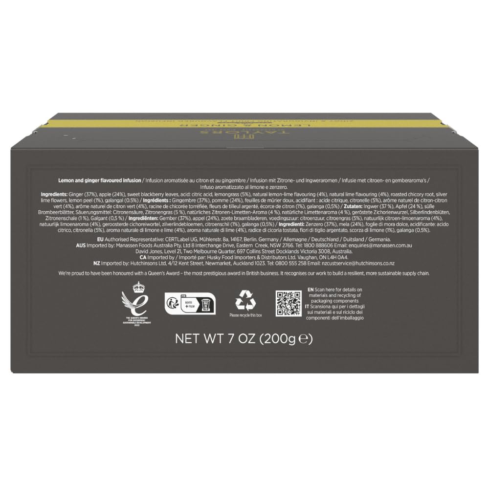 Taylors of Harrogate Lemon & Ginger, Herbal Tea, Individually Wrapped Bags, 100 Count (Pack of 1), Cleansing, Invigorating and Citrussy, Caffeine-Free, Enjoy Hot or Iced, 100 Teabags
