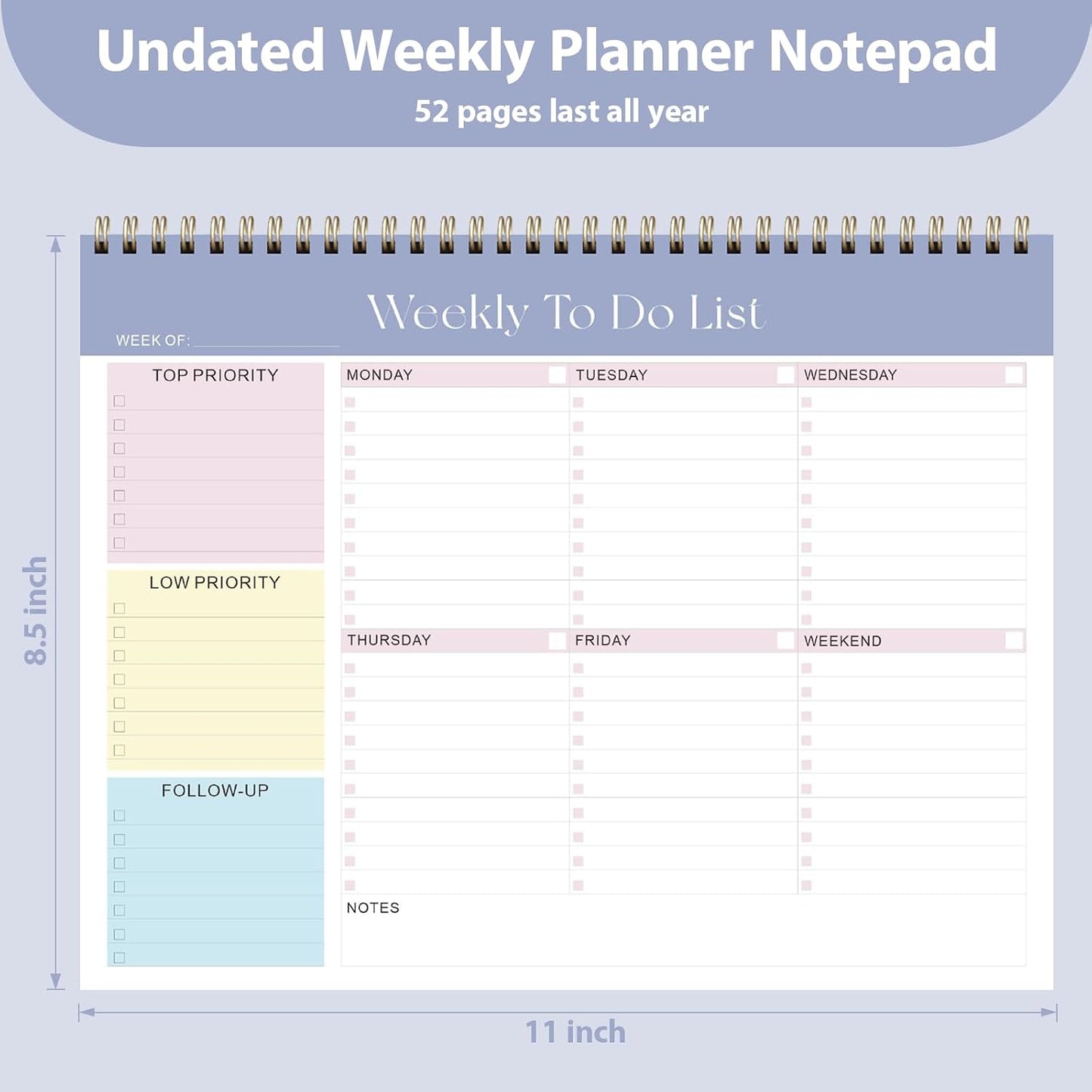 Weekly To Do List Notepad, Undated Planner with 52 Sheets (8.5''x11'') | Desk Accessories and Supplies, Women & Man, Home School & Work