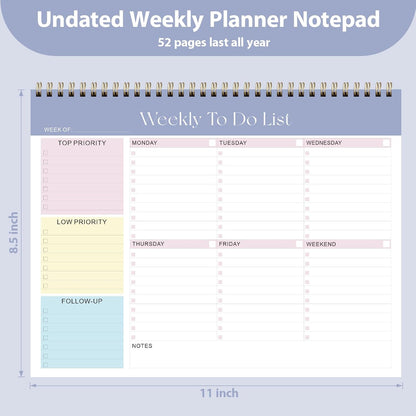 Weekly To Do List Notepad, Undated Planner with 52 Sheets (8.5''x11'') | Desk Accessories and Supplies, Women & Man, Home School & Work