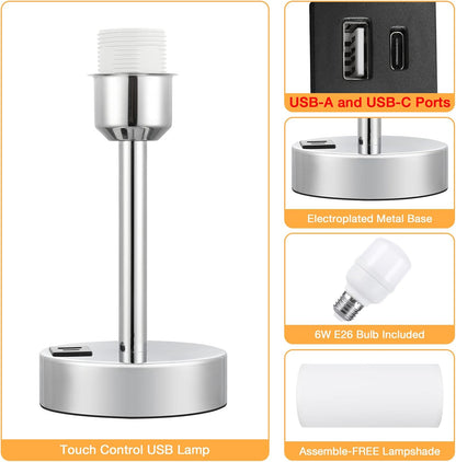 Dicoool Touch Table Lamp for Bedroom, 3 Way Dimmable Bedside Lamp with USB C & A Charging Ports - Small Desk Lamp for Dorm Room, College, Kids, Office, Living Room, White