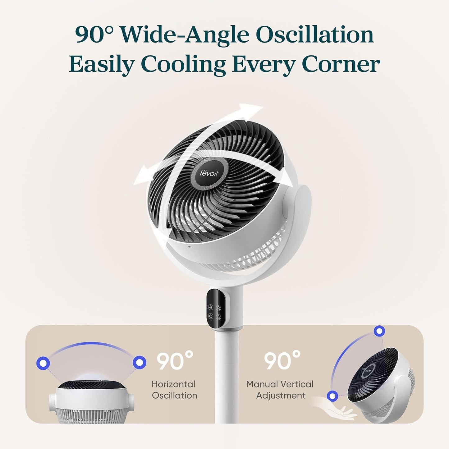 LEVOIT Standing Fan for Bedroom, 20dB Quiet Pedestal Fan for Sleep, 1024 CFM Ultra-High Airflow, 90° Oscillating Floor Fan, DC Motor, 5 Speeds, 12H Timer, Remote, for Home, Room, Office, White