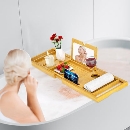 Premium Bamboo Bathtub Tray Caddy - Bath Tub Tray Table for Bathtub - Bath Caddy Tray for Bathtub, Expandable Size, Fits Most Bath Tubs