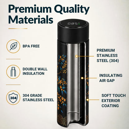 Farasi Tea Infuser for Loose Leaf Tea Smart Water Bottle with Fahrenheit Temperature Display, Stainless Steel Insulated Coffee and Fruit Tea Infuser Bottle - Floral Travel Tea Mugs 15 oz (Black)