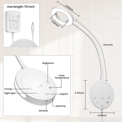 Wall Mounted Reading Light, Bedside Headboard Lights with 5 Color Temperature & 5 Dimming, 360 Flexible Gooseneck, USB Output, Night Light & Timer Function - Perfect for Reading (Black)