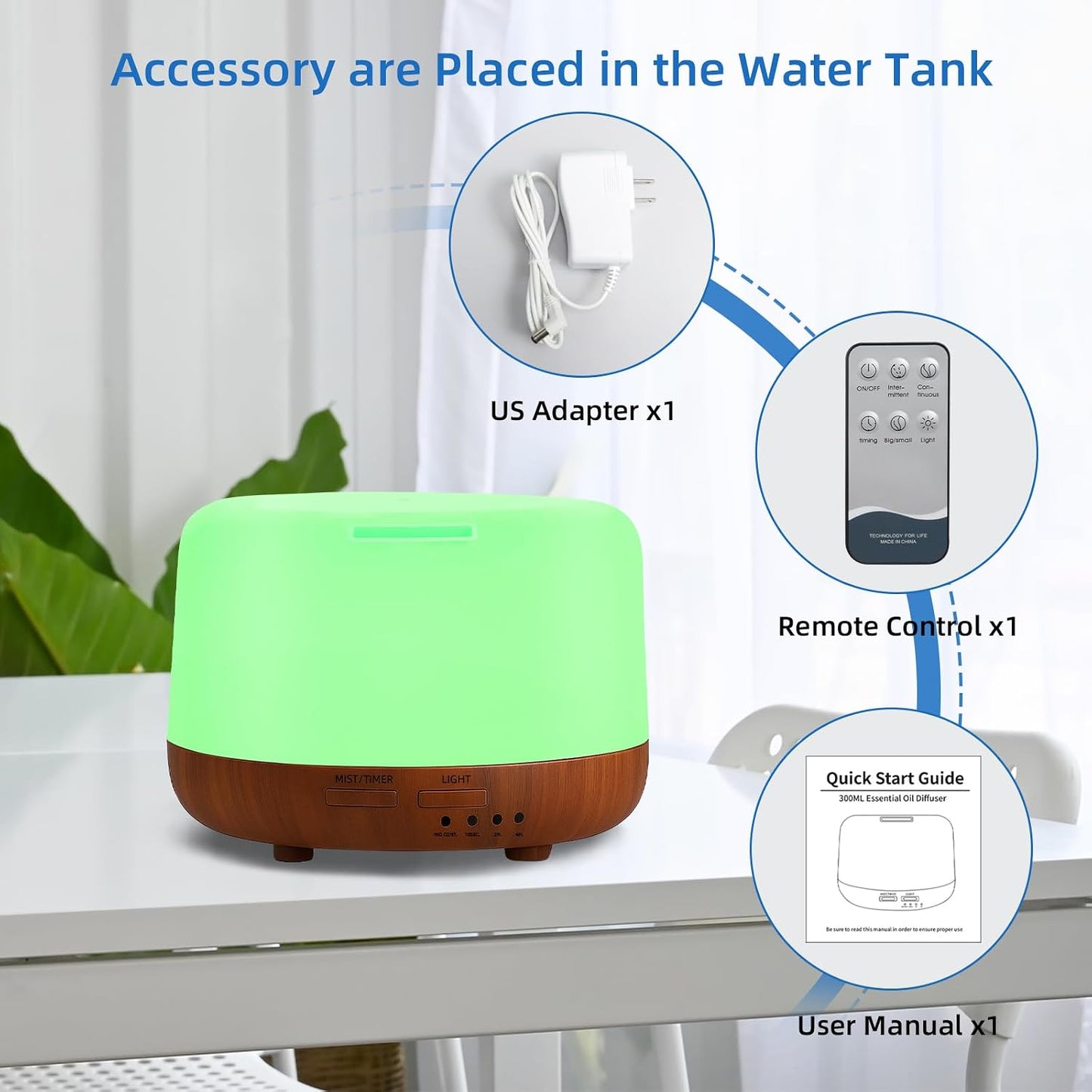 SPLITSKY Aromatherapy Essential Oil Home Diffuser with Remote Control, 300ML Large Room Cool Mist Air Humidifier, 8 Hours Quiet Operation, Timer, 7 Colors LED Night Night，Suitable Home,Yoga.