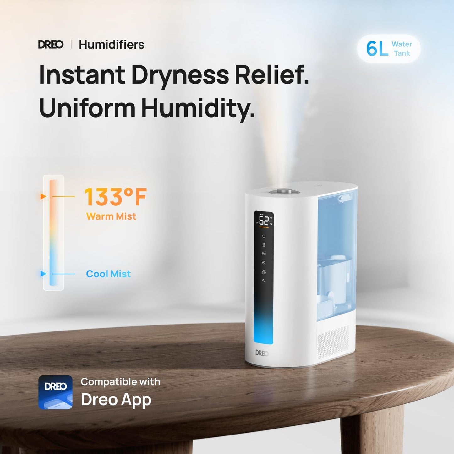 DREO 6L Smart Warm & Cool Mist Humidifiers for Bedroom HM713S | 60-Hour Quiet Runtime for Large Room, 500ML/HR Output, Smart Humidity Sensor, Indicator Light, Works with Alexa & Google