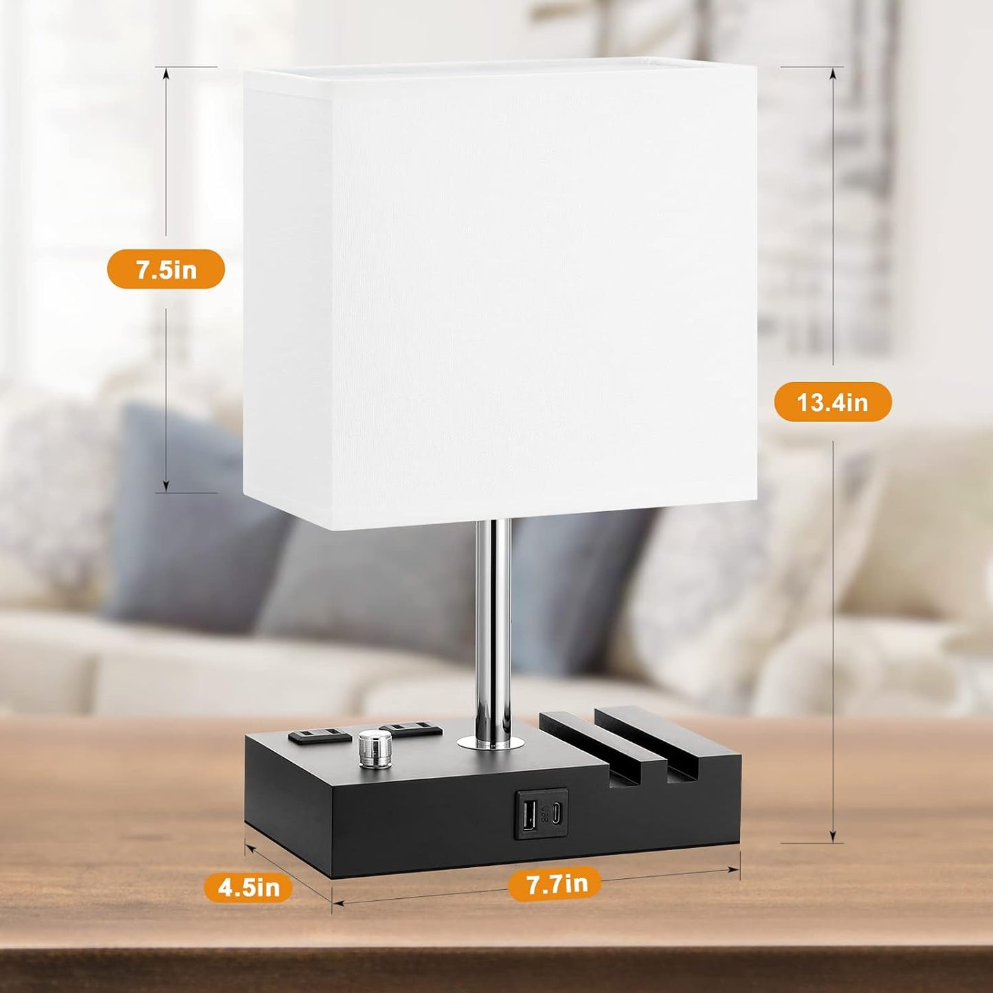 Kakanuo Fully Dimmable Nightstand Lamp for Bedroom with USB C Ports, Grey Small Bedside Table Lamp with Charging Outlets and Phone Stands, Wooden Desk Lamp for Living Room, LED Bulb Included