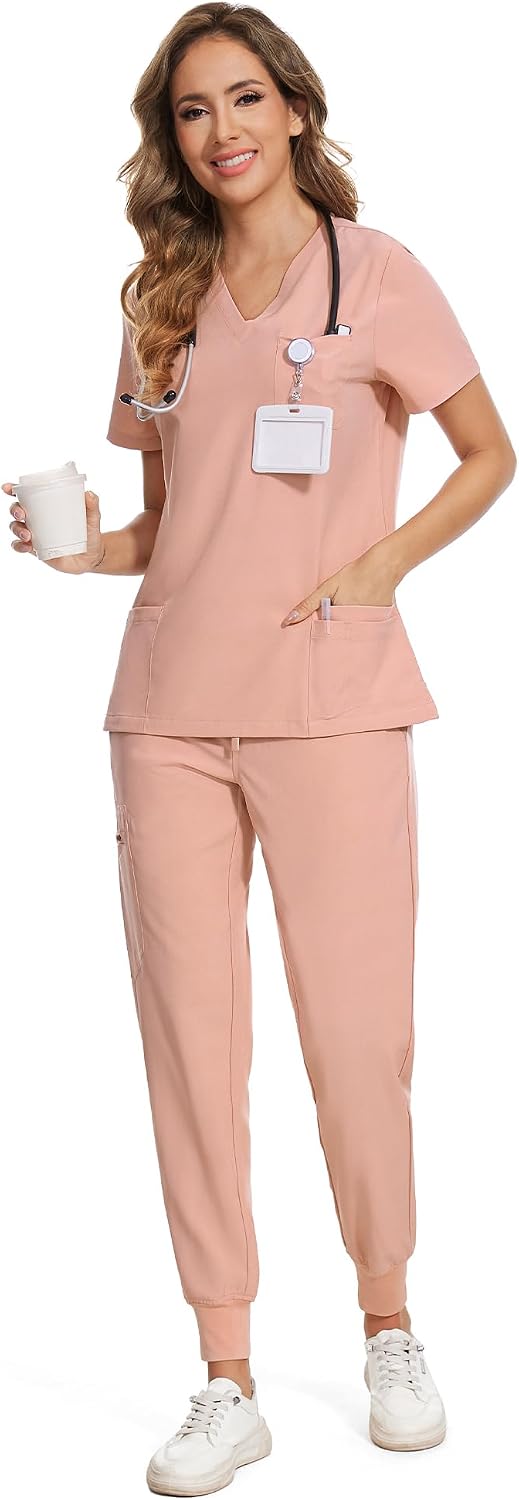 COZYFIT Scrubs for Women Set - Stretch V-Neck Scrub Top & Jogger Pant with 8 Pockets COZY SCRUBS - Colors B