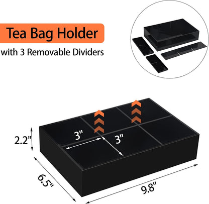 Tasybox Tea Bag Organizer, Clear Acrylic Tea Bag Holder with 6 Slot, Tea Packet Storage for Drawer, Pantry, Kitchen, Cabinet, Countertop