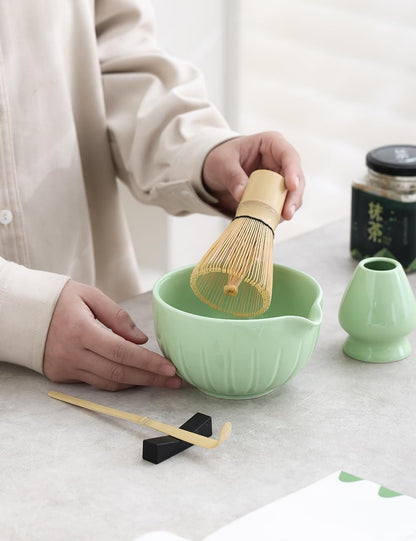 TANG PIN Matcha Set - Match Bowl and Whisk, 15 OZ, Matcha Scoop | Matcha Whisk Stand (Chasen Holder) - 5pc Perfect Matcha Kit for Matcha Tea Ceremony (Mottled Green)