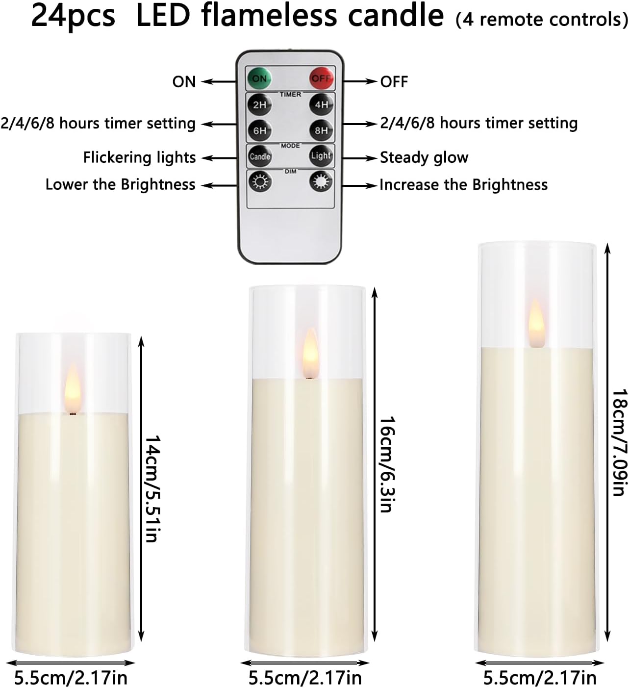 YOROXRG Set of 24 Waterproof Outdoor Flameless Candles, LED Candles with 4 Remote and Timer,(H 4" 5" 6" x D 2.2"),for Halloween Wedding Festiv