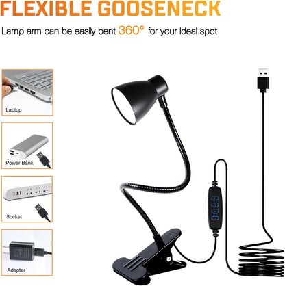 CRI 90+ Eye-Care Clip Light for Reading, 6W Small Clamp Lamp for Desk, Flexible Gooseneck Clip Lamp for Bed Headboard with 3 Color Modes & 10 Brightness(Adapter Include)