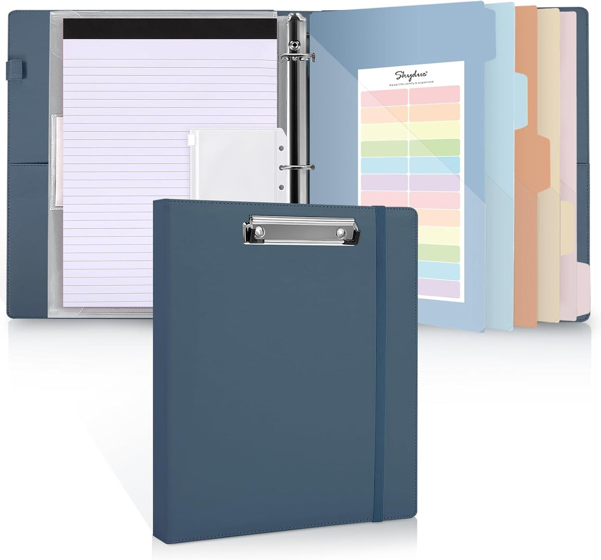 SKYDUE 3 Ring Binder with Clipboard, 13.2" × 10.2" Faux Leather 1 Inch Binder Organizer with 5 Pocket Dividers, Notepad, Labels & 2 Storage Pockets for Teachers, Students, Nurses & Office Work