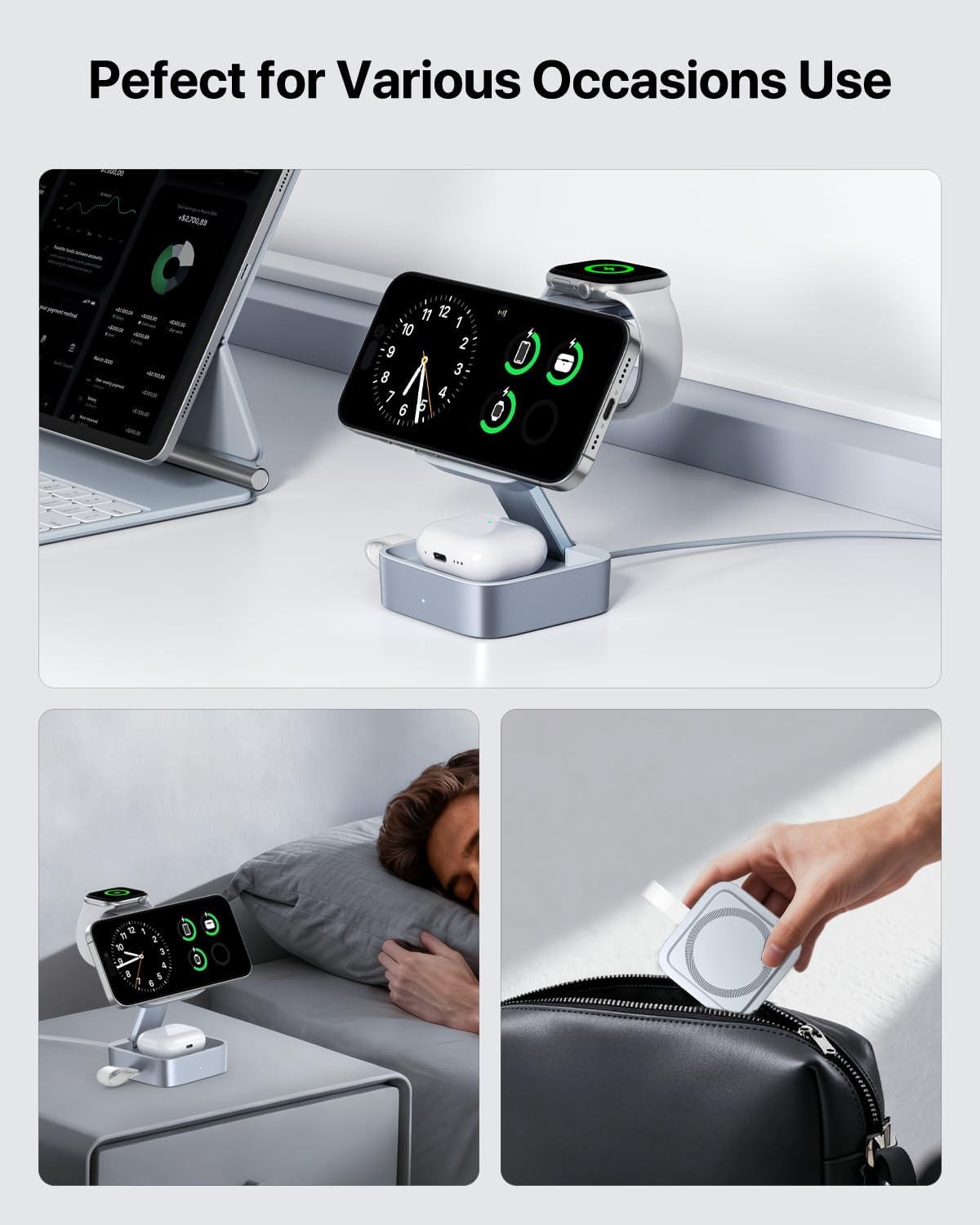 3 in 1 Wireless Charging Station for Apple Devices, Magnetic Foldable Travel Fast Charger Stand Compatible with MagSafe for iPhone 18/Air/17/16/15/14/13/12 Series, Apple Watch & AirPods Pro/4/3/2