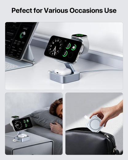 3 in 1 Wireless Charging Station for Apple Devices, Magnetic Foldable Travel Fast Charger Stand Compatible with MagSafe for iPhone 18/Air/17/16/15/14/13/12 Series, Apple Watch & AirPods Pro/4/3/2