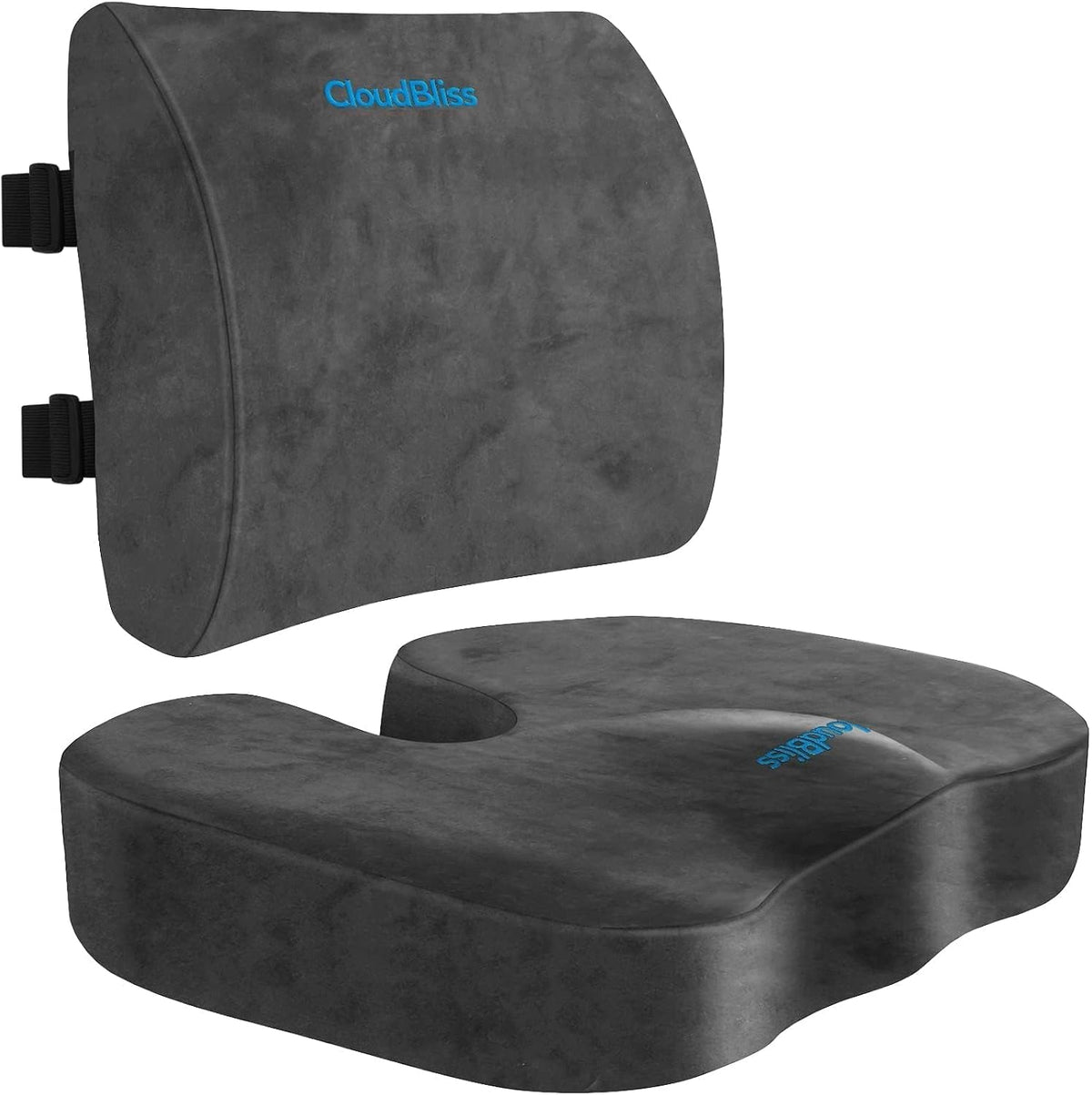 CloudBliss Ergonomic Seat Cushion & Lumbar Support Pillow Set, Black,Large