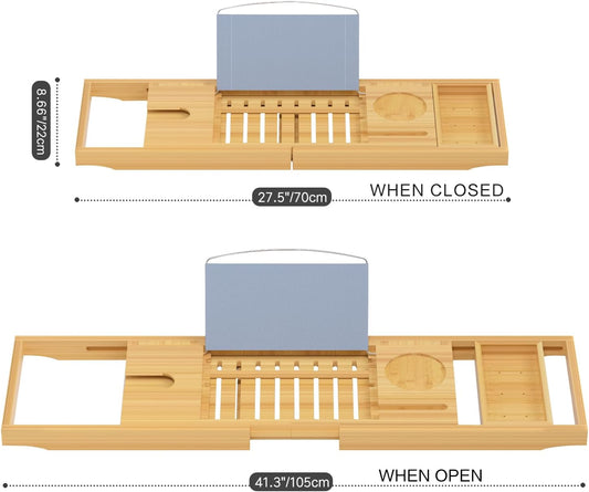 Sen Yi Bao Luxury Bamboo Bathtub Tray - Wooden Expandable Caddy with Book, Tablet, Wine Holder - Gift Idea