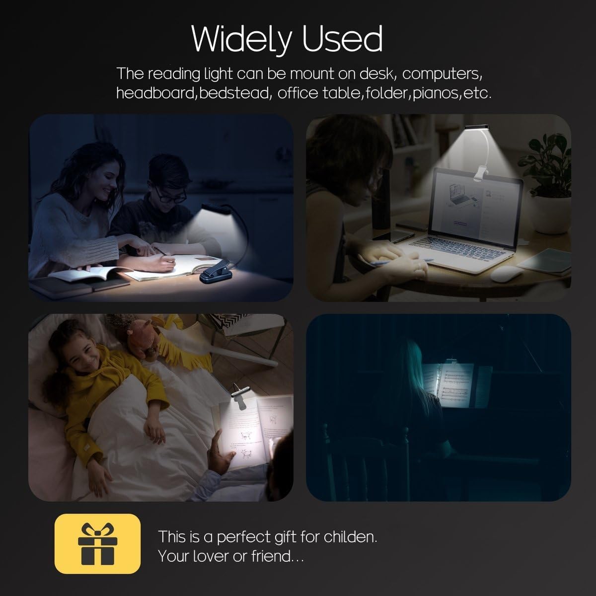 LED Book Light, Book Light for Reading in Bed, Eye Caring, 3 Colors & 5 Brightness, Rechargeable Long Lasting Reading Light, Lightweight Clip on Light, Gifts for Book Lovers (Black)