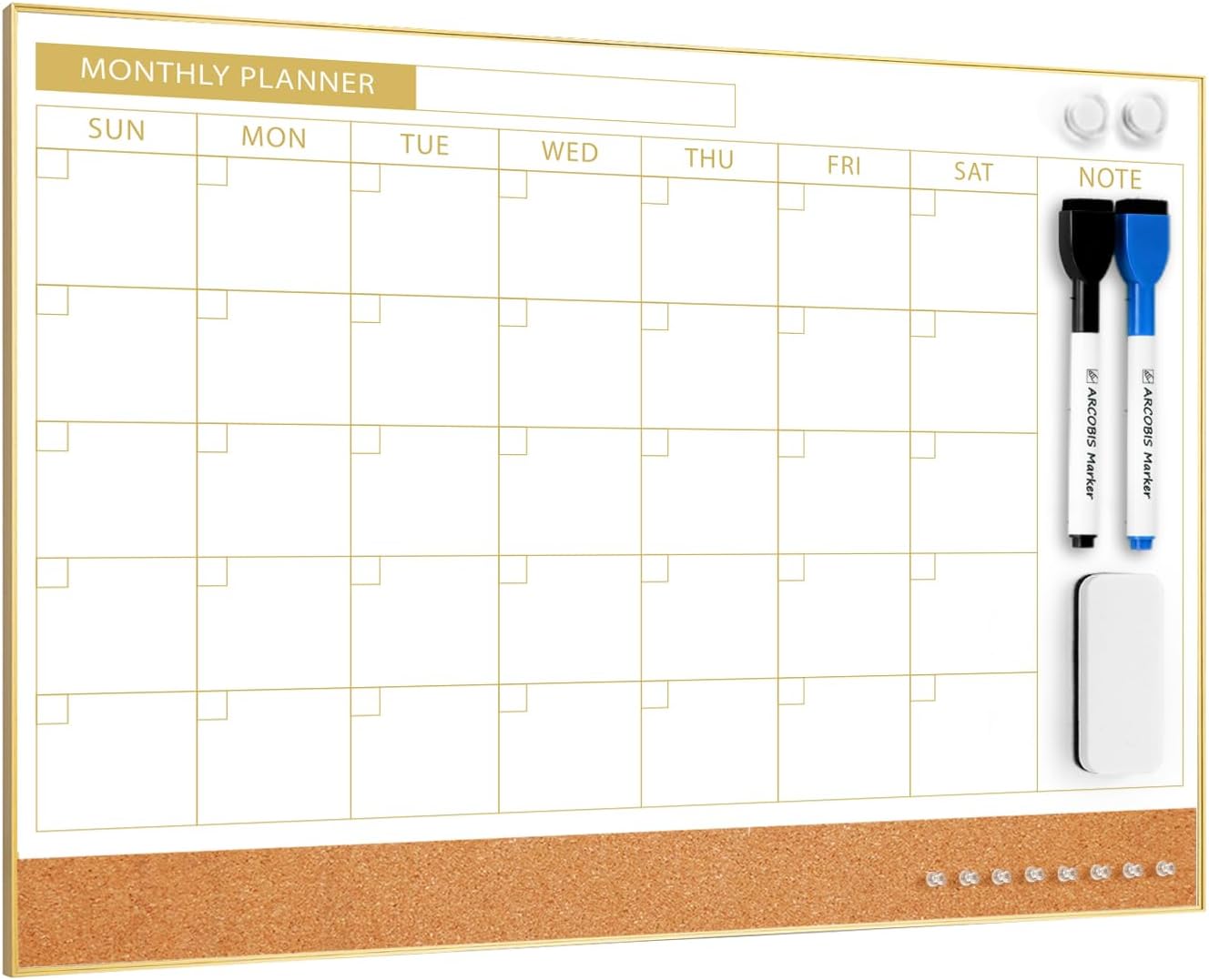 ARCOBIS Dry Erase Calendar with Cork Board for Wall, 24"x 18" Magnetic Calendar Whiteboard with Black Frame, Monthly Combination Board for School, Home, Office