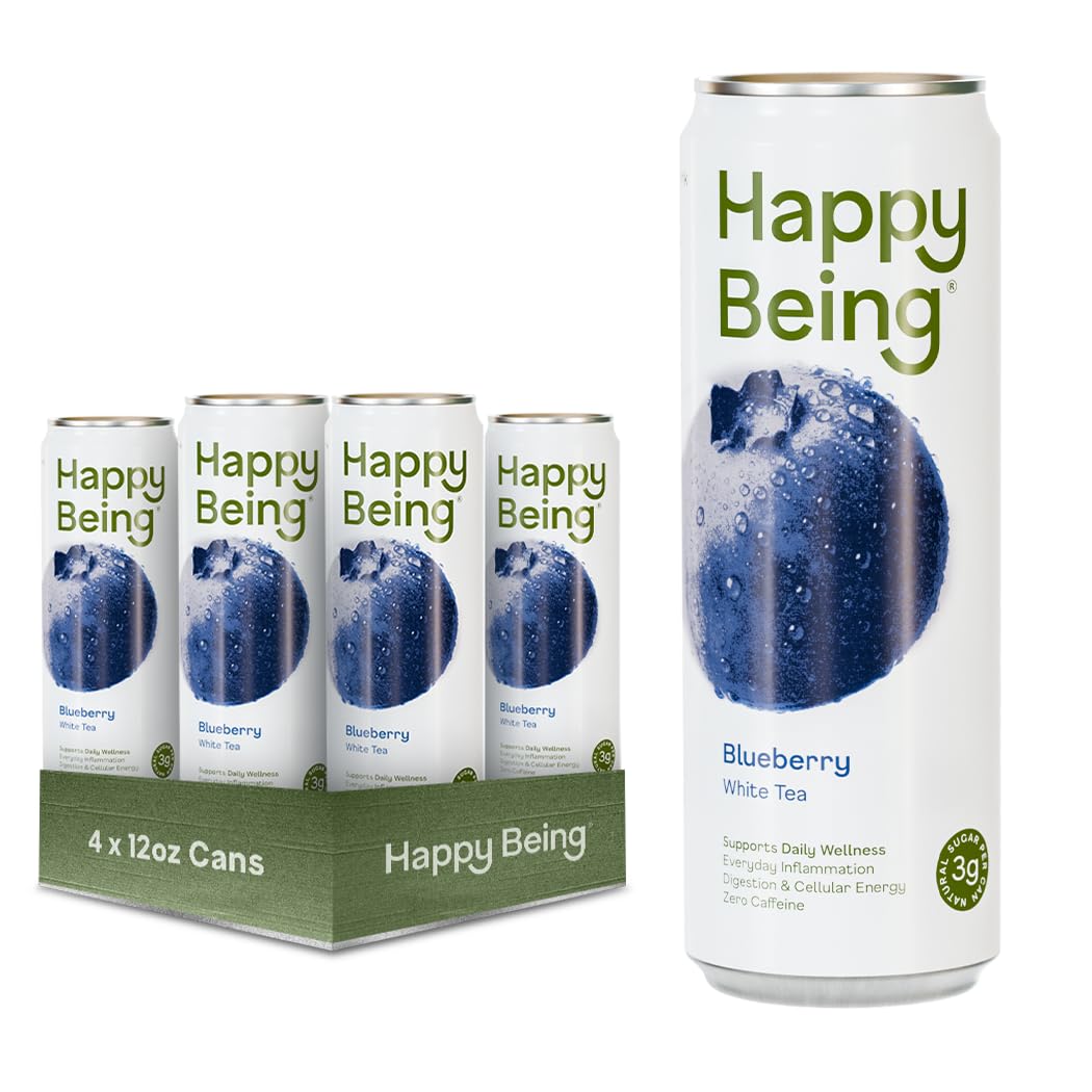 Happy Being Blueberry White Tea, Antioxidant, Low Sugar, 12oz 4 Pack