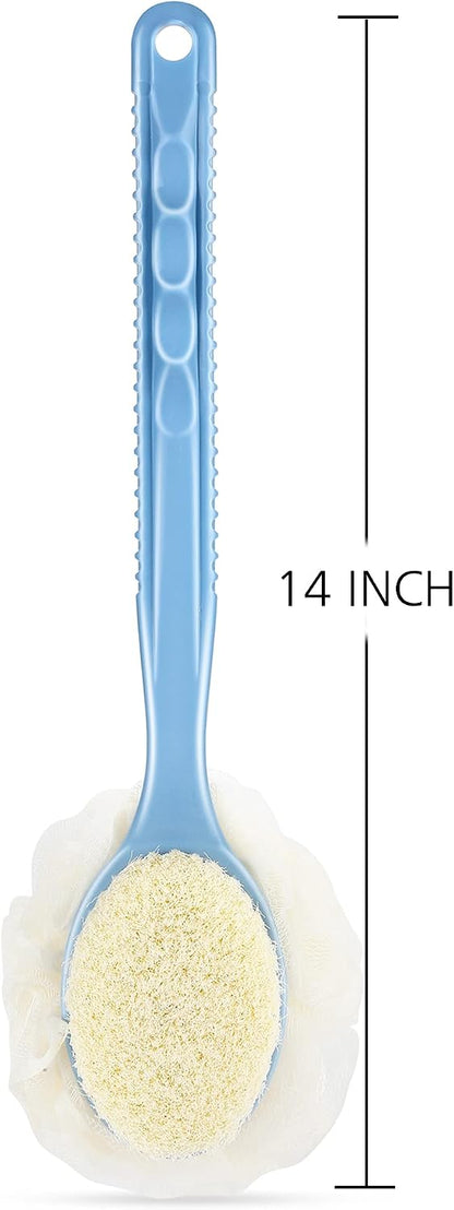Shower Body Brush with Bristles and Loofah,Back Scrubber Bath Mesh Sponge with Curved Long Handle for Skin Exfoliating Bath, Massage Bristles Suitable for Wet or Dry, Men and Women (Blue)