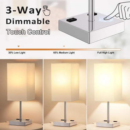 【Upgraded】Bedside Table Lamp Touch Control, with USB C+A Charging Ports & Dual AC Outlets, 3-Way Nightstand Lamp for Bedroom with LampShade Living Room Office(LED Dimmable Bulb Included)