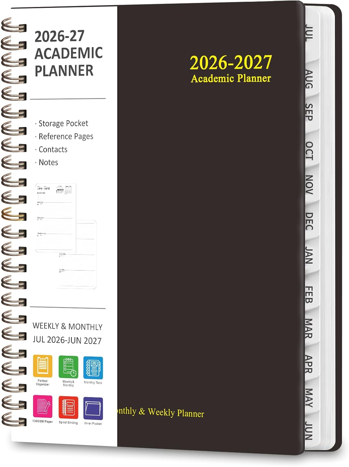Planner 2026-2027, Weekly and Monthly Calendar Planner, JUL 2026 - JUN 2027 | A5(6.3'' x 8.5''), Hardcover, Agenda Book, Sprial Bound, Inner Pocket, Office and School Use
