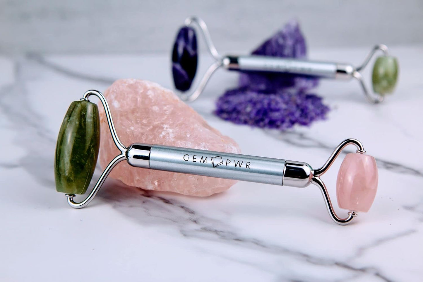 Amethyst + Jade Roller for Face and Neck Massage, Dual Gemstones with Durable Steel Handle and Travel Bag. Minimize Wrinkles, Reduce Puffiness and Restore Skin's Elasticity and Radiance