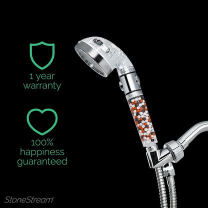 Original StoneStream Filtered Shower Head, Eco Power High Pressure Water Softener Showerhead with ON/OFF switch and Spa like Ionic beads for Dry Skin & Hair — 3 Spray Settings