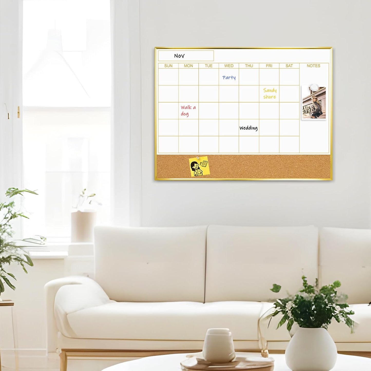 Dry Erase Calendar Whiteboard, 24''x18'' Monthly White Board Planner | Magnetic, Wall Mounted, Gold Aluminum Frame, Large Grid, Clean Erasing, for Home Office Kitchen, Dorm