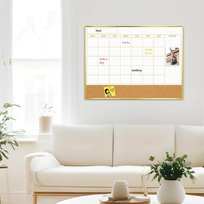 Dry Erase Calendar Whiteboard, 24''x18'' Monthly White Board Planner | Magnetic, Wall Mounted, Gold Aluminum Frame, Large Grid, Clean Erasing, for Home Office Kitchen, Dorm