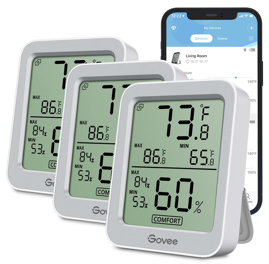 Govee Indoor Hygrometer Thermometer 2Pack H5075 with Bluetooth App Control | Room Temperature Humidity Meter, 164ft Remote Monitor, Smart Alerts, 2 Years Data Storage Export, for Bedroom Wine Cellar