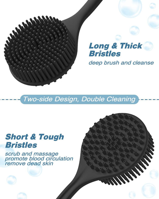 Manmihealth Silicone Back Scrubber & Soft Bath Glove Set 4 PCS(Thick Bristles), Super-Exfoliating Body Scrubber & Super-Lathering Shower Brush Combination, with 2 Adhesive Hooks (Black)