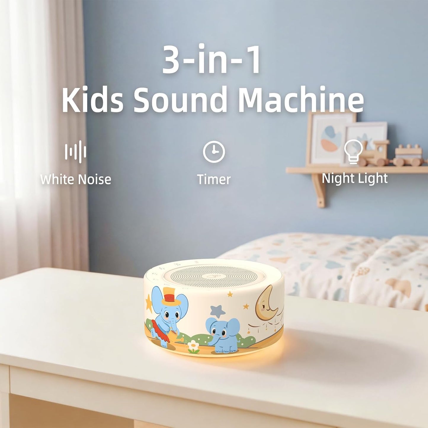 Kipcush White Noise Machine for Baby & Adults, 30 Soothing Sounds, Soft Non-Glare Nursery Lamp, 8 Color Night Lights, Memory Function (Angel V1 White, Standard)