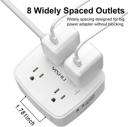 YISHU 6Ft Surge Protector Power Strip with 8 Widely Outlets & 4 USB Ports