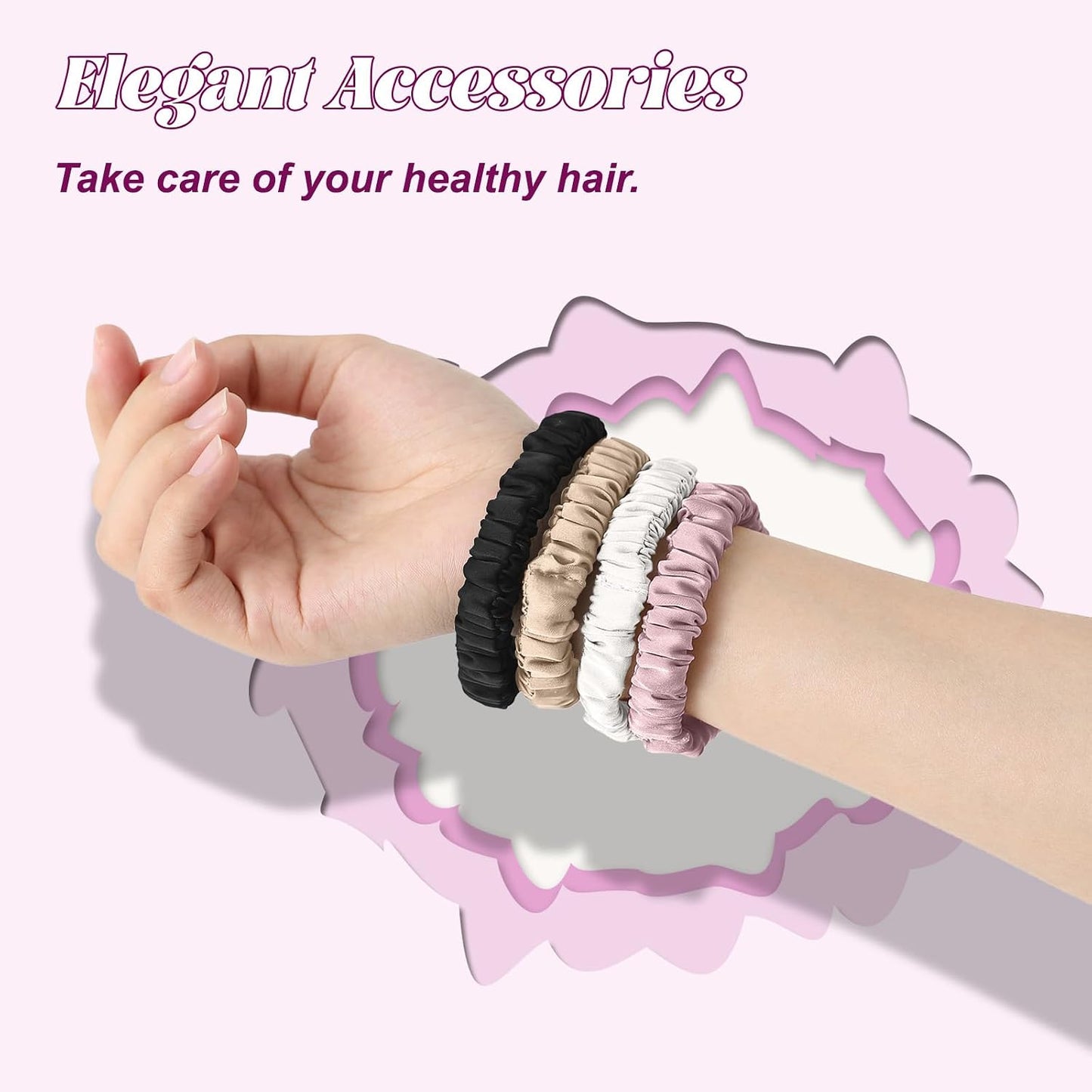 4Pcs Mulberry Silk Scrunchies Set, Silk Hair Ties Elastic for Women, Skinny Scrunchies Reduces Breakage for All Hair Types