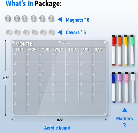 4 Pack Acrylic Magnetic Calendar for Refrigerator Set, Clear Monthly Weekly Daily Dry Erase Whiteboard for Fridge with 8 Color Markers, Meal Planner, Menu Board, Home Decor