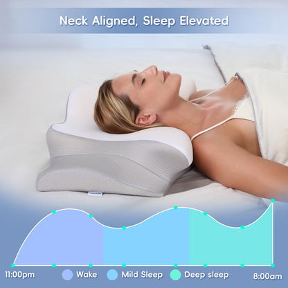 Cervical Neck Pillow, Memory Foam Pillows for Neck & Shoulder Pain Relief, 2 Heights Ergonomic Pillow with Breathable Ice Silk Cover, Neck Support Pillow for Stomach Sleepers Grey