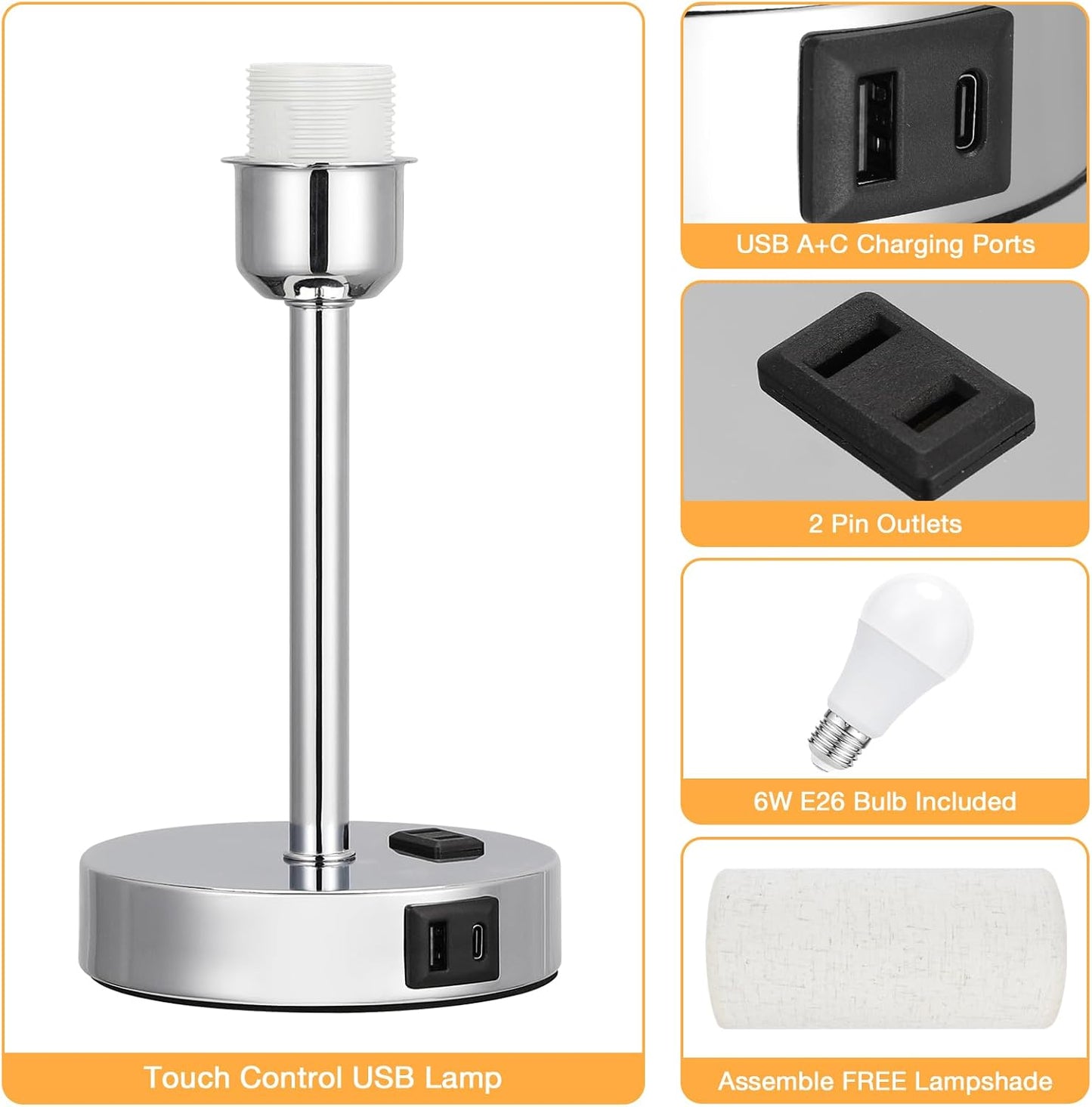 Dicoool Touch Table Lamp for Bedroom, 3 Way Dimmable Bedside Lamp with USB C & A Charging Ports - Small Desk Lamp for Dorm Room, College, Kids, Office, Living Room, White