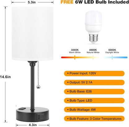 Small Bedside Table lamp for Bedroom - 3 Color Temperatures Bedside Lamps with USB C and A Ports, Pull Chain Table Lamps with AC Outlet, White Nightstand Lamps with Black Metal Base for Kids Reading