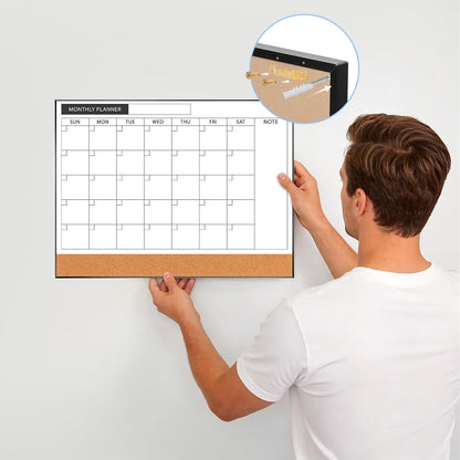 ARCOBIS Dry Erase Calendar with Cork Board for Wall, 24"x 18" Magnetic Calendar Whiteboard with Black Frame, Monthly Combination Board for School, Home, Office
