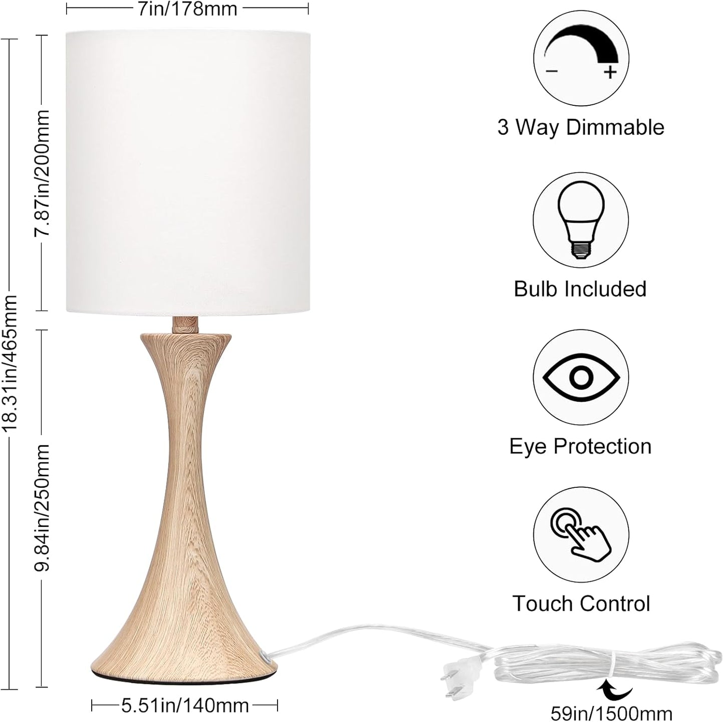 3 Way Touch Control Table Lamp, Dimmable Bedside Desk Lamp with Metal Base Modern Nightstand Lamp Stylish Grey Shade Simple Side Table Lamp for Bedroom, Living Room, Office or Den LED Bulb Included